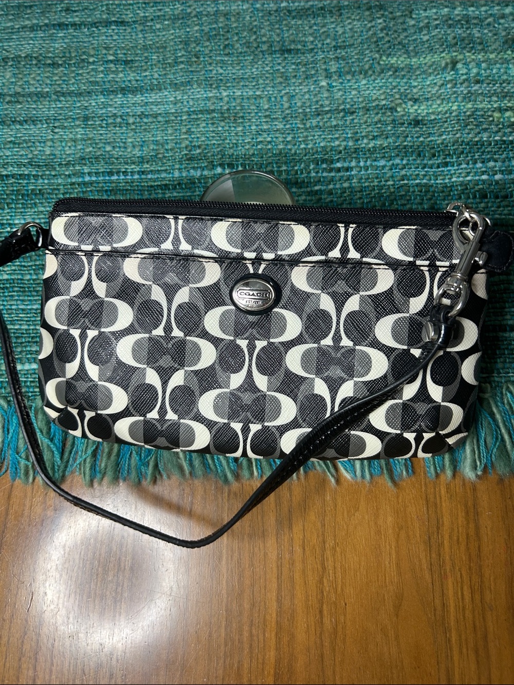 Coach Black and White Signature Wristlet with Leather Strap